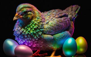 Holographic Easter chicken and eggs. Vibrant, iridescent colors. Happy Easter Day. Trendy design. . photo