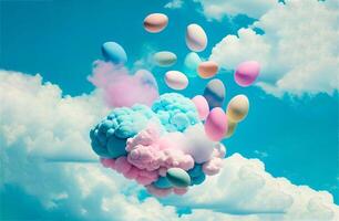 Flying Easter eggs and clouds. Postcard, greeting card design. Pascha, Happy Easter Day. Beautiful pastel colors, blue and pink. . photo