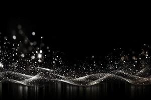 Beautiful black abstract background with sparkles and copy space. Backdrop with golden glitter, sequins. Celebration, festive, event. Bokeh effect. Trendy design. . photo