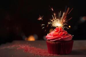 Elegant red cupcake with glitter, sparkler and copy space on black background. Happy Birthday dessert. Empty space for text. Postcard, greeting card design. . photo