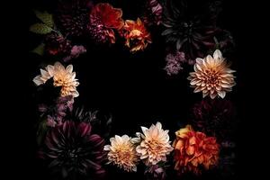 Beautiful black background with flowers and copy space. Empty space for text. Frame, dark backdrop. . photo