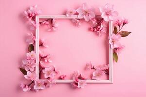 Beautiful pink background with flowers and copy space. Empty space for text. Frame, backdrop. Summer, spring, blossom. Woman's or Mother's Day, Birthday. . photo