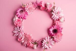 Beautiful pink background with flowers and copy space. Empty space for text. Frame, backdrop. Summer, spring, blossom. Woman's or Mother's Day, Birthday. . photo