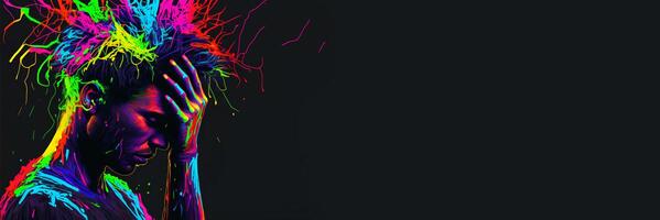 Sad man, sketch effect with neon colors . Headache, depression, negative emotions concept. Problems with mental health. Sadness. Banner with copy space, black background. . photo