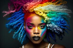 hermosa mujer con arco iris cabello. diversidad, tolerancia, inclusión concepto. diferente y único a ser. de moda persona, vistoso cerca arriba retrato. generativo ai. foto