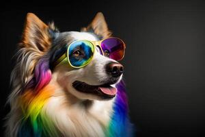 Cool and colorful dog with sunglasses. Rainbow colors. Diversity, tolerance, inclusion concept. Different and unique to be. Fashionable doggy. . photo