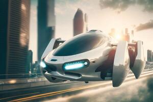 Flying car. Fantasy city of the future. Futuristic world. . photo