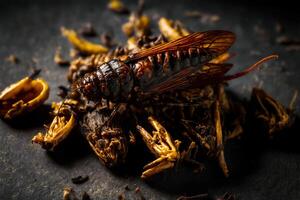 Fried edible insects. Crickets as snack, good source of protein. Entomophagy, insectivory concept. Close up view. . photo