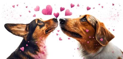 dos perros y volador corazones. San Valentín día, amor. pareja, relación. tarjeta postal, saludo tarjeta diseño. generativo ai. foto