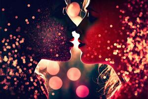 Two women are kissing. Beautiful light, bokeh effect. Valentine's Day, love. LGBT, lesbians couple, relationship. Diversity, homosexuality. . photo