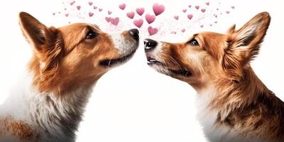 dos perros y volador corazones. San Valentín día, amor. pareja, relación. tarjeta postal, saludo tarjeta diseño. generativo ai. foto