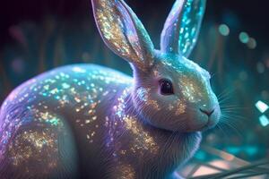 Holographic Easter rabbit with glitter. Iridescent bunny. Happy Easter Day. Trendy design. . photo