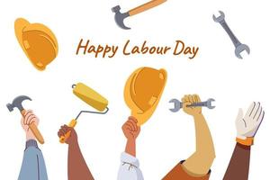 Labour day background, horizontal banner. International workers, people with different occupation holding helmet, hammer, spanner. Modern flat vector illustration elements set.