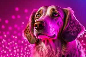 Dog portrait with neon lights. Cute pet on the party. . photo