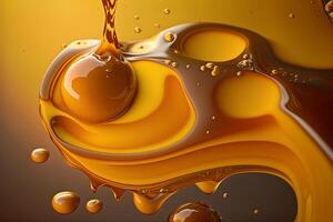 Beautiful abstract background. Golden liquid. Macro honey bubbles. . photo