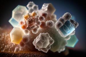 Beautiful abstract background with colorful crystals. Mysterious gemstones, minerals. Magic crystal cluster. Close-up view. . photo