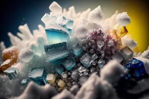Beautiful abstract background with colorful crystals. Mysterious gemstones, minerals. Magic crystal cluster. Close-up view. . photo