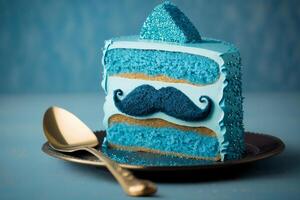 Blue cake with a mustache. International Men's Day, Father's Day celebration. . photo