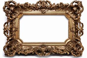 Golden, empty, horizontal picture frame on white background. Baroque style, vintage, antique. With beautiful ornaments. Frame with copy space for artwork, picture. . photo