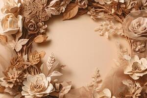 Beautiful brown background with flowers and copy space. Empty space for text. Frame, beige backdrop. . photo