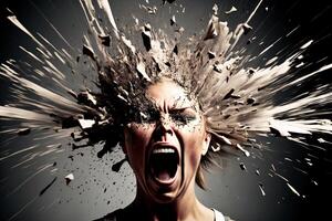 Head explosion. Headache, aggression, negative emotions concept. Losing control. Problems with mental health. Anger. . photo