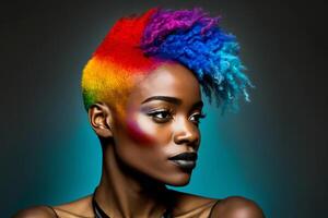 Beautiful woman with rainbow hair. Diversity, tolerance, inclusion concept. Different and unique to be. Fashionable person, colorful close up portrait. . photo