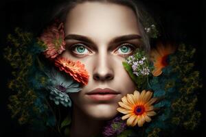 Beautiful woman with flowers. Portrait, close up view. Woman's Day concept. Blossom, power of women. . photo