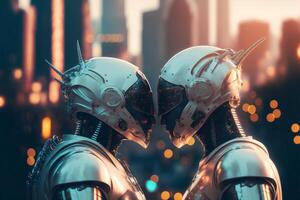 Two robots in love, a couple. Artificial intelligence, digital technology. Digital smart world metaverse. Valentine's Day. Futuristic lovers. Humanoide, cyborg. . photo