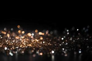 Beautiful black abstract background with sparkles and copy space. Backdrop with golden glitter, sequins. Celebration, festive, event. Bokeh effect. Trendy design. . photo