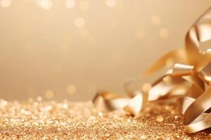 Beautiful abstract background with sparkles and copy space. Golden backdrop with glitter, sequins. Celebration, festive, event. Bokeh effect. Trendy design. . photo
