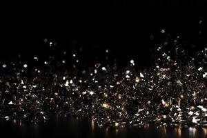 Beautiful black abstract background with sparkles and copy space. Backdrop with golden glitter, sequins. Celebration, festive, event. Bokeh effect. Trendy design. . photo