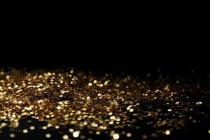 Beautiful black abstract background with sparkles and copy space. Backdrop with golden glitter, sequins. Celebration, festive, event. Bokeh effect. Trendy design. . photo