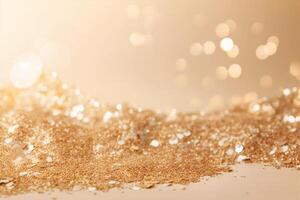 Beautiful abstract background with sparkles and copy space. Golden backdrop with glitter, sequins. Celebration, festive, event. Bokeh effect. Trendy design. . photo