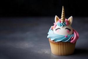 Cute cupcake for kids with copy space. Happy Birthday dessert. Children's party. Empty space for text. Postcard, greeting card design. Unicorn muffin. . photo