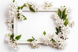 hermosa blanco antecedentes con flores y Copiar espacio. vacío espacio para texto. marco, fondo. verano, primavera, florecer. mujer o de la madre día, cumpleaños. generativo ai. foto