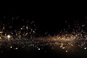 Beautiful black abstract background with sparkles and copy space. Backdrop with golden glitter, sequins. Celebration, festive, event. Bokeh effect. Trendy design. . photo