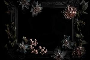 Beautiful black background with flowers and copy space. Empty space for text. Frame, dark backdrop. . photo