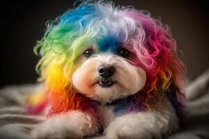 Cool and colorful dog. Rainbow colors. Diversity, tolerance, inclusion concept. Different and unique to be. Fashionable doggy. . photo