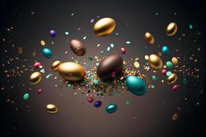 Flying Easter eggs and particles. Postcard, greeting card design. Pascha, Happy Easter Day. Beautiful colors, golden details. Explosion, levitation. . photo