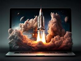 A laptop screen with a rocket taking off with generative ai photo