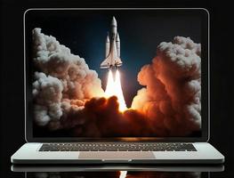 A laptop screen with a rocket taking off with generative ai photo