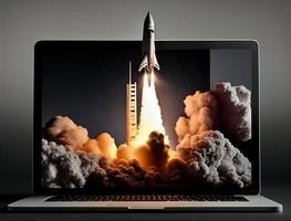 A laptop screen with a rocket taking off with generative ai photo