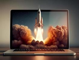 A laptop screen with a rocket taking off with generative ai photo