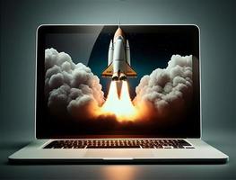 A laptop screen with a rocket taking off with generative ai photo