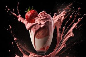 A glass of strawberry milkshake with a splash of strawberry on the top. photo