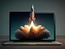 A laptop screen with a rocket taking off with generative ai photo