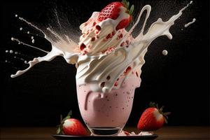 A glass of strawberry milkshake with a splash of strawberry on the top. photo