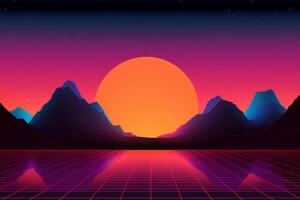 A digital illustration of a sunset with mountains in the background with photo