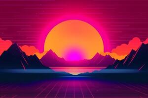 A digital illustration of a sunset with mountains in the background with photo