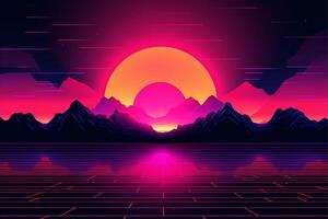 A digital illustration of a sunset with mountains in the background with photo